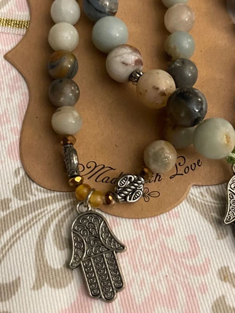 Natural Stone Hamsa Charm Stretch Bracelet - Multi-Color - Picture 3 of 5